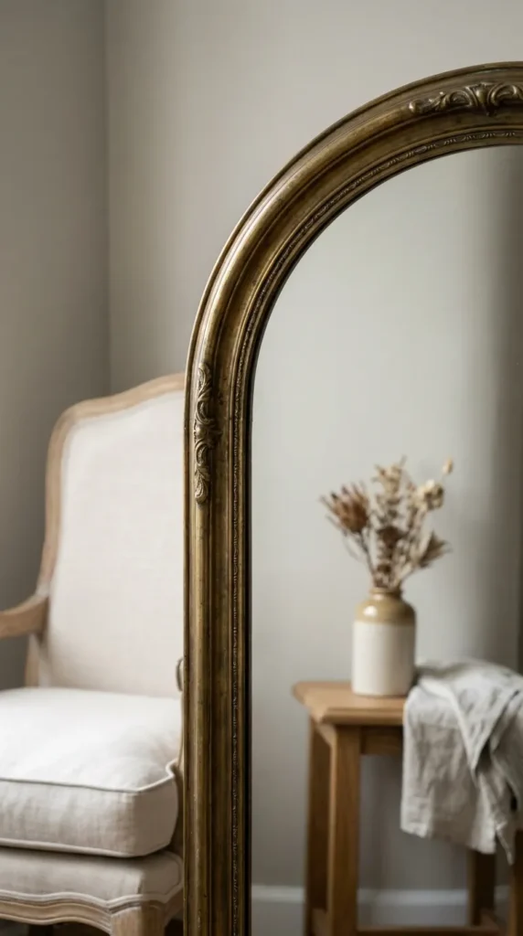 Arched mirror behind a French country bedroom seating nook