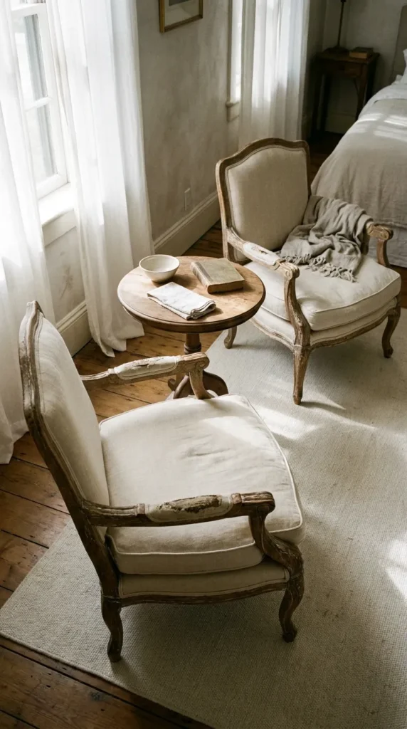Distressed wood chairs with cream cushions in a French country bedroom
