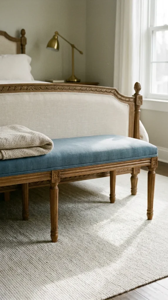 French blue bench at the foot of a cozy French country bed