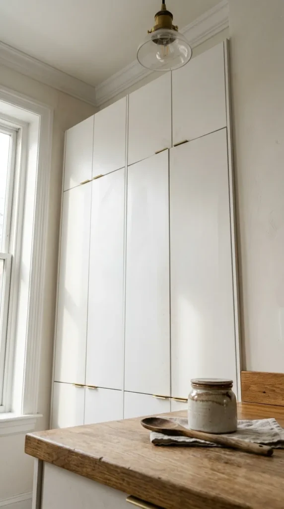 European kitchen design with flat panel cabinets in white color showing clean lines and simple modern kitchen style