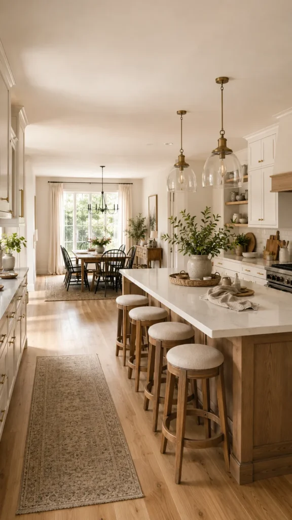 open layout European kitchen design connected to dining and living space with natural light and simple modern layout