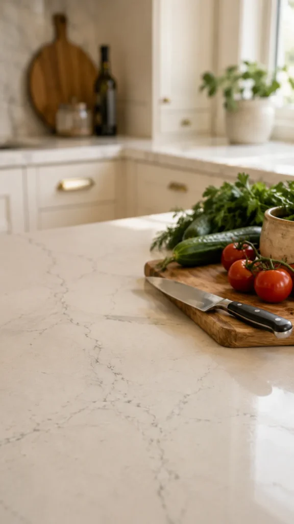 European kitchen design featuring quartz countertop with subtle veining, wooden board, and natural light for a clean modern look