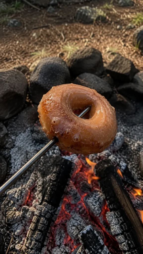  glazed donut on a roasting stick held over a campfire