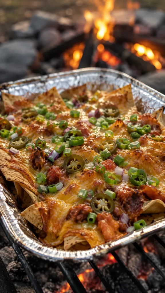 campfire nachos with melted cheese and jalapeños in a foil pan on a grill grate