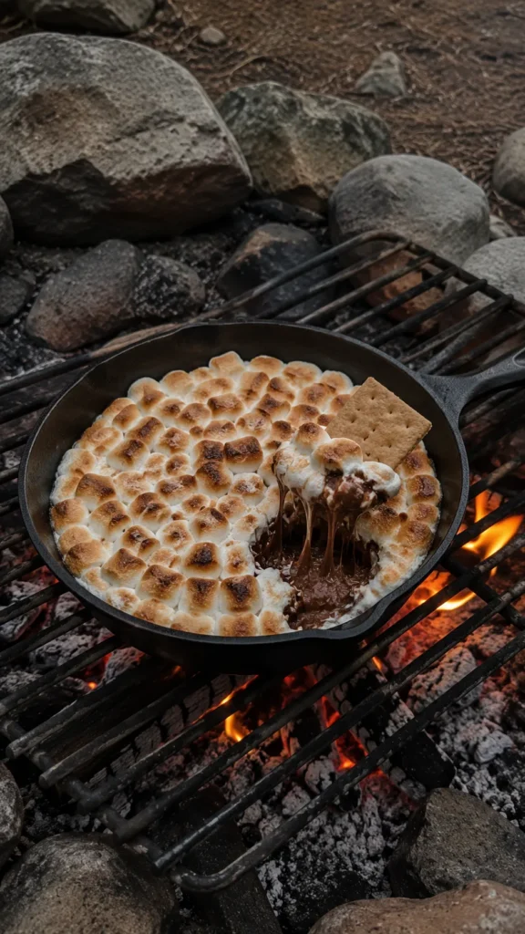 cast iron skillet s'mores dip with toasted marshmallows and graham cracker dipping