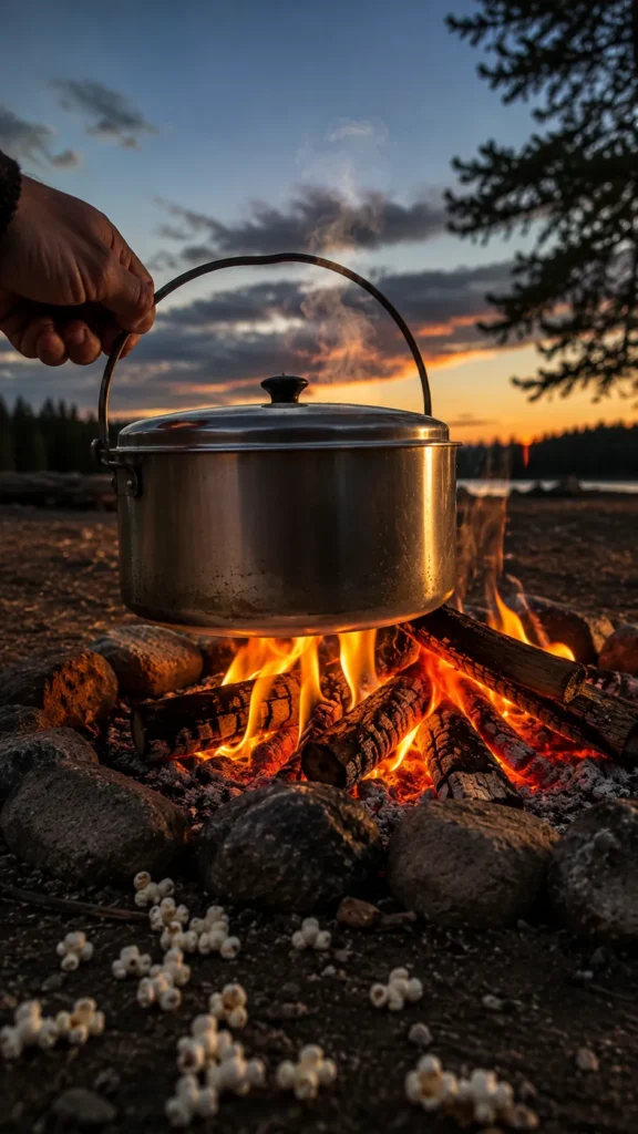 : pot of campfire popcorn held over a campfire with steam coming from the lid