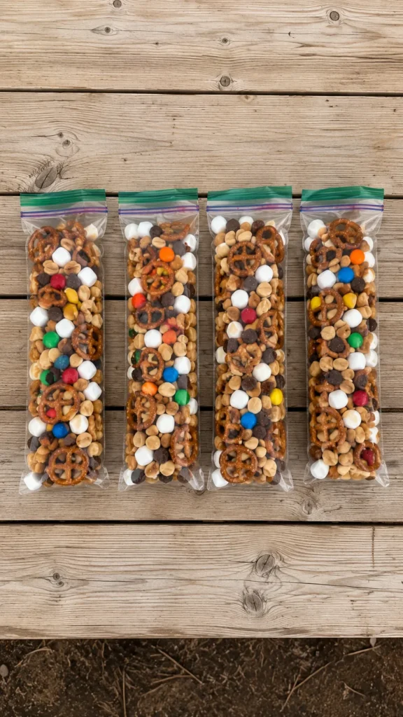 peanut butter trail mix in zip-top bags with pretzels peanuts and chocolate candies