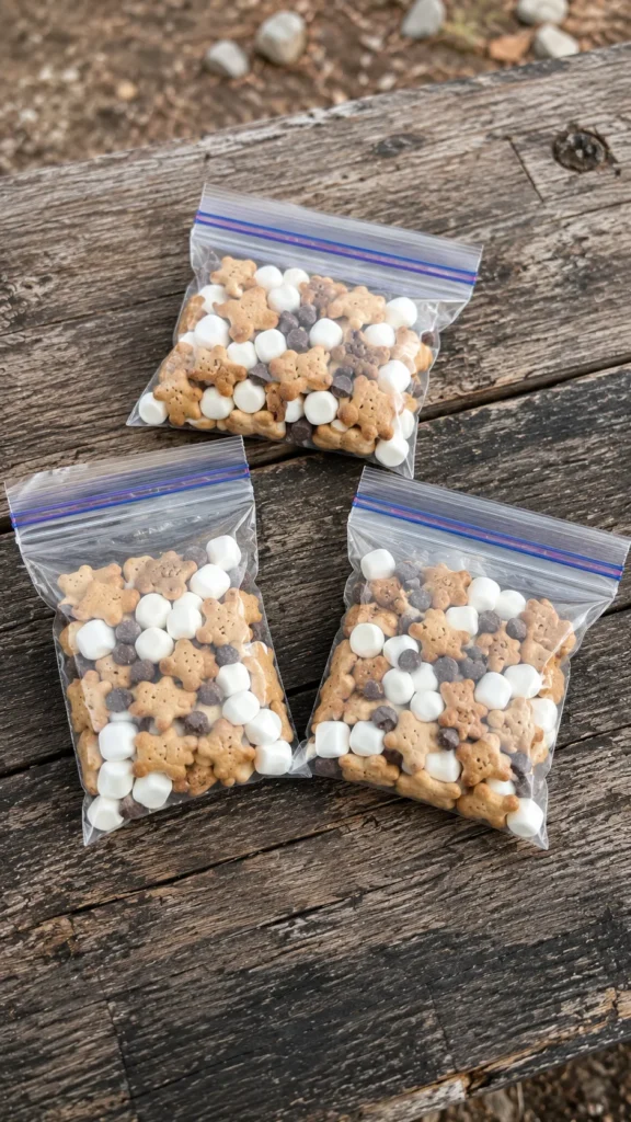 walking s'mores in clear snack bags with Teddy Grahams marshmallows and chocolate chips
