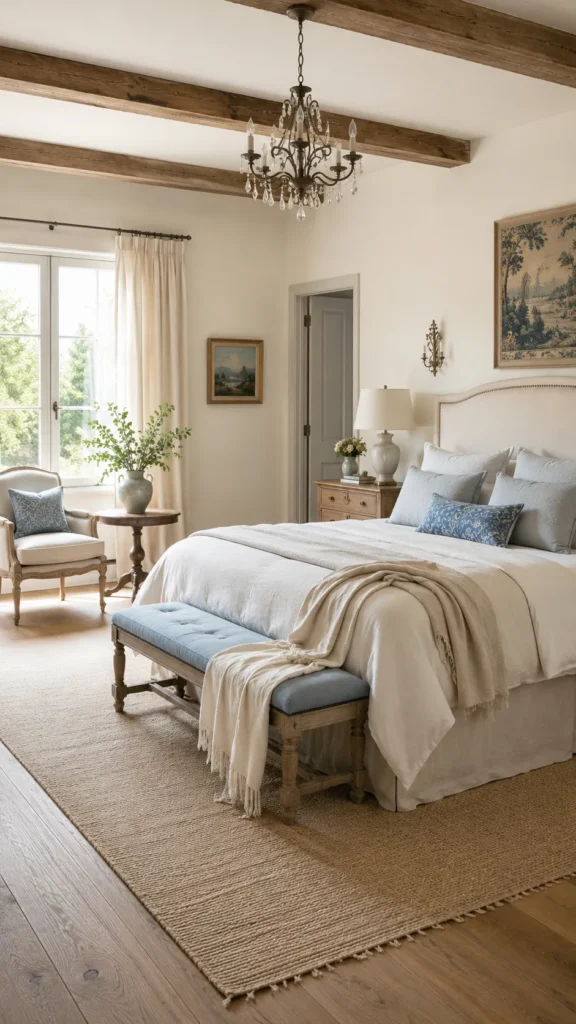 Light color palette in a soft French country master bedroom