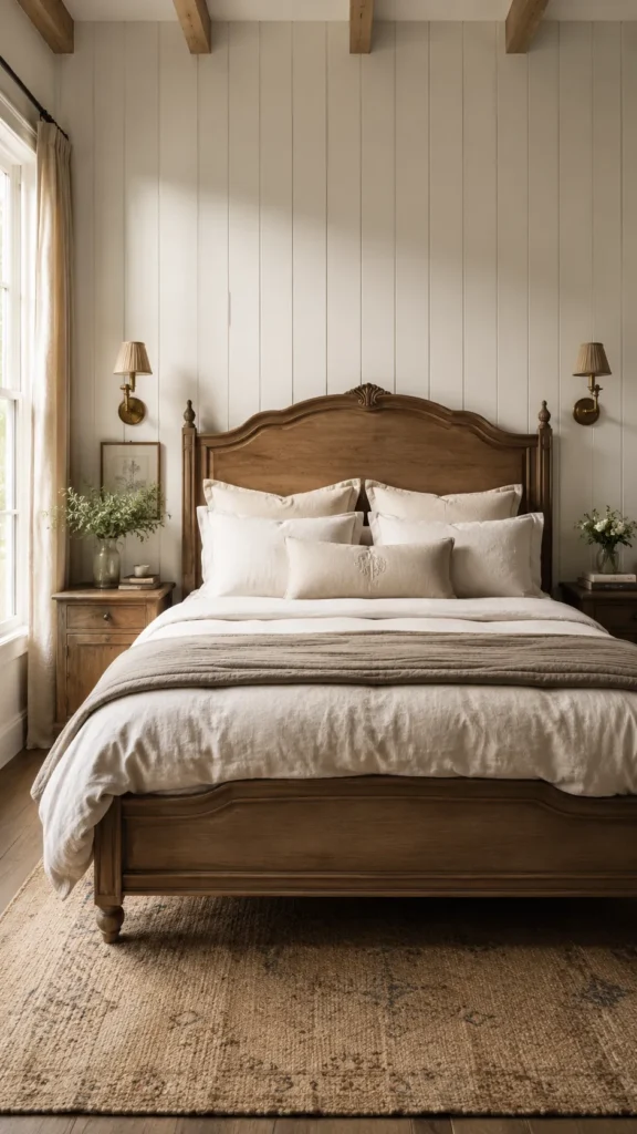 Vertical shiplap wall behind a French country bedroom bed