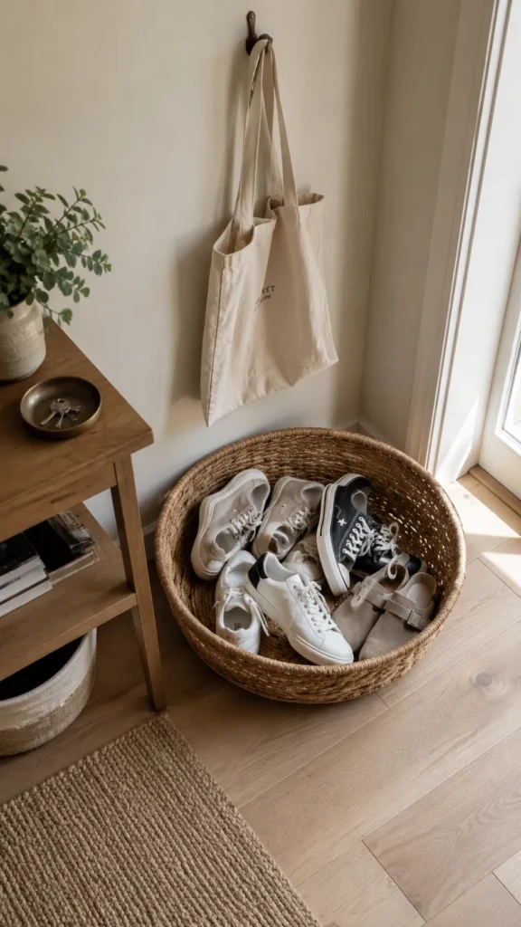Woven basket beside the door filled with daily shoes for easy shoe storage in a small home.