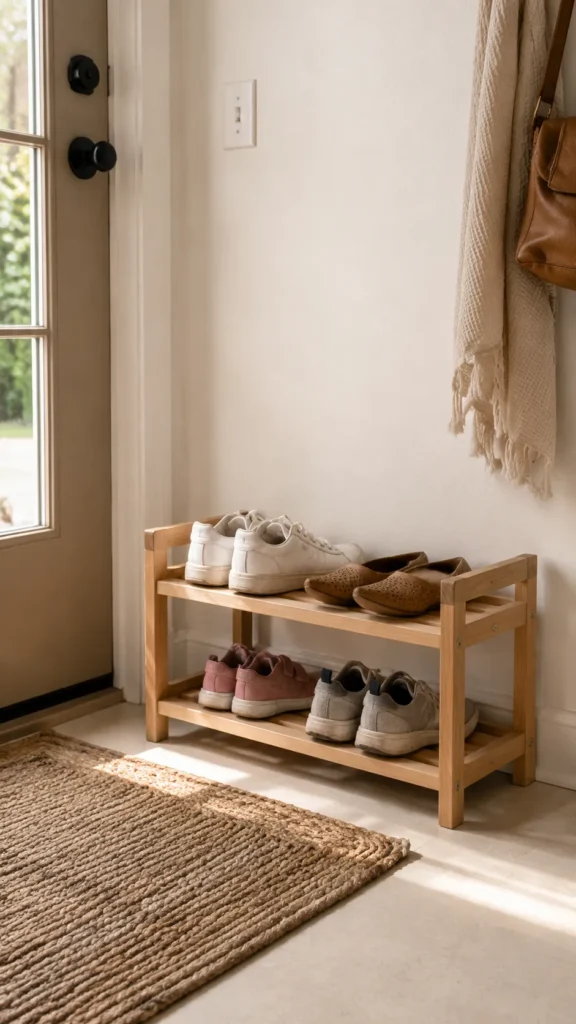 Compact shoe shelf by the front door holding everyday shoes to keep a small entryway tidy and clutter-free.