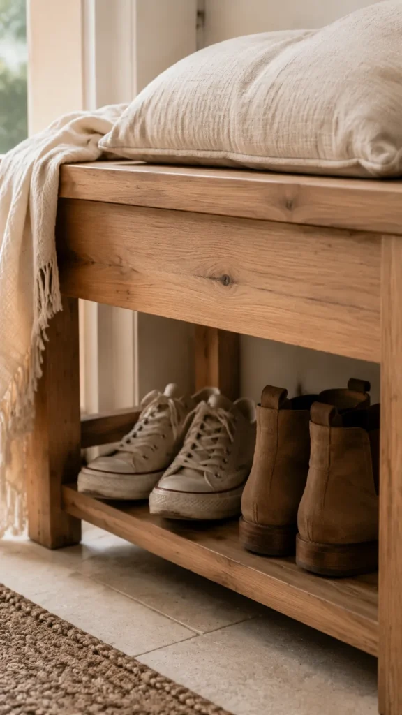 Narrow entryway bench with shoes stored underneath to save space and make putting on shoes easier.