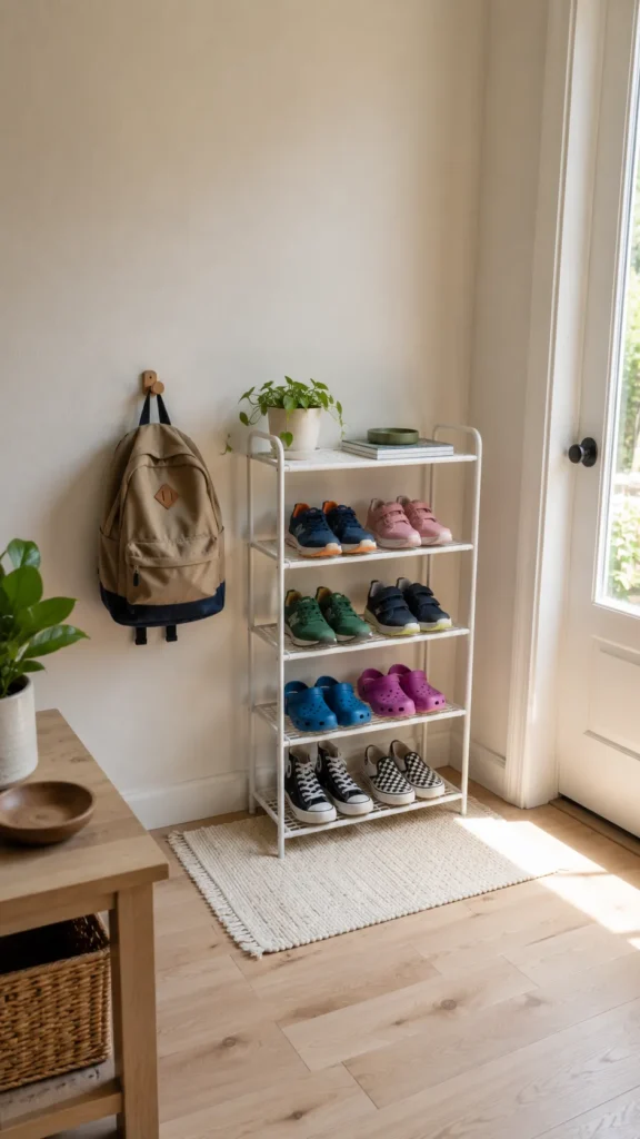 Tall narrow shoe rack in a small entryway holding kids’ shoes on lower shelves for easy access.