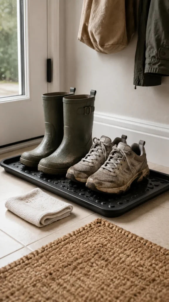 Rubber shoe tray near the front door holding wet boots and muddy sneakers to keep floors cleaner.