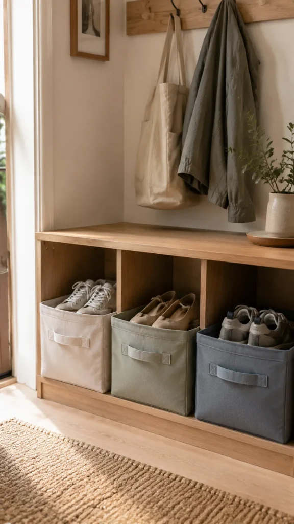 Individual fabric bins in an entryway cubby holding each person’s shoes for simple family shoe organization.