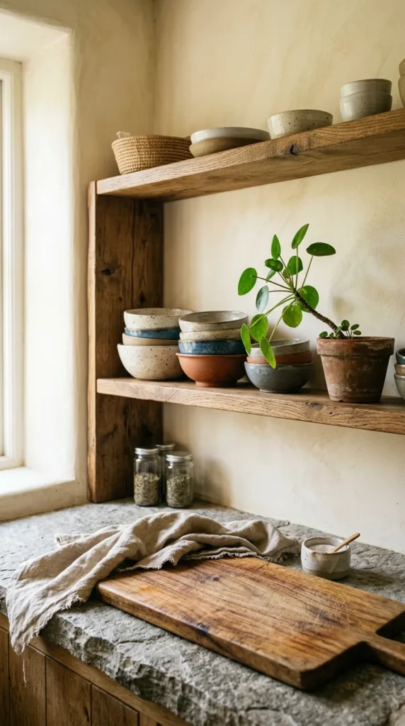 European kitchen design using natural materials like wood shelves and stone countertop to create a warm and simple kitchen