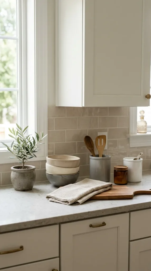 European kitchen design with neutral colors including white cabinets, beige countertop, and soft grey tones for a calm kitchen look