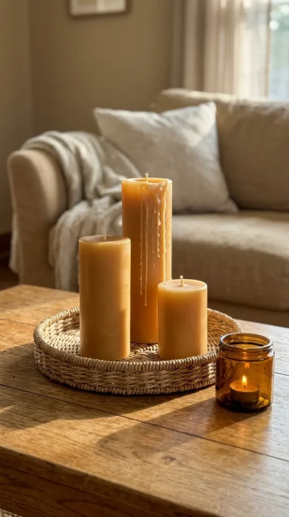 Off-white candles in varying heights