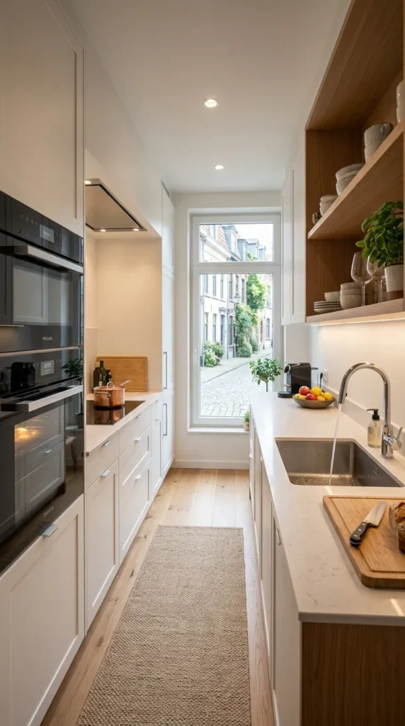 European kitchen design with smart appliances, touchless faucet, and built in oven creating a simple and modern kitchen space