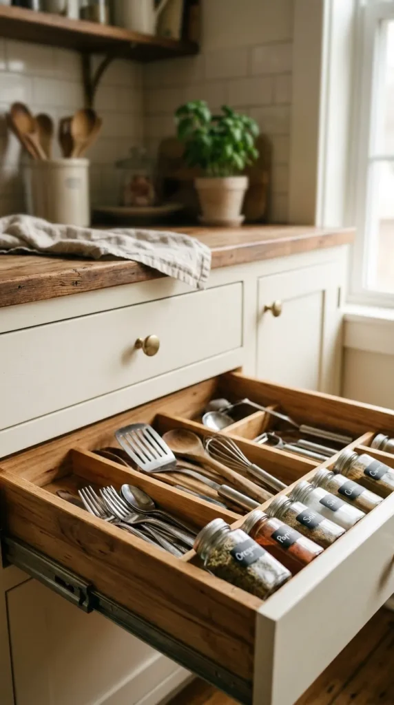 European kitchen design with built in storage drawer and organized kitchen items for a clean and clutter free space