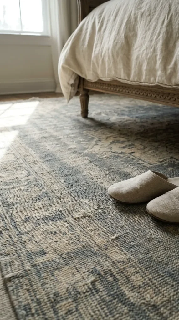 Oversized soft rug under a French country bed with neutral bedding