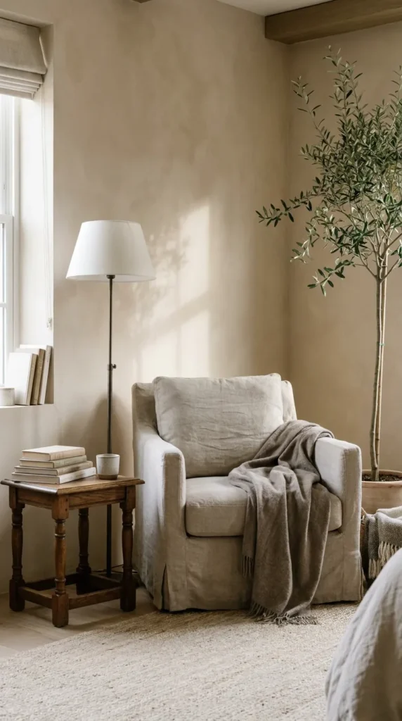 Cozy reading corner with linen chair and warm floor lamp
