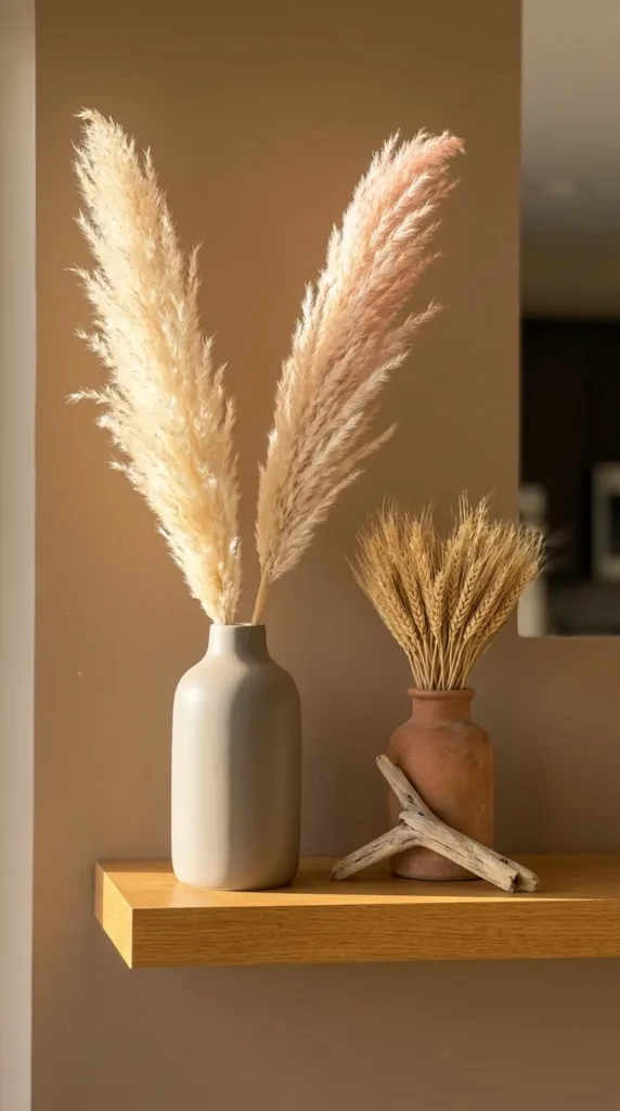 White ceramic vases with dried pampas grass