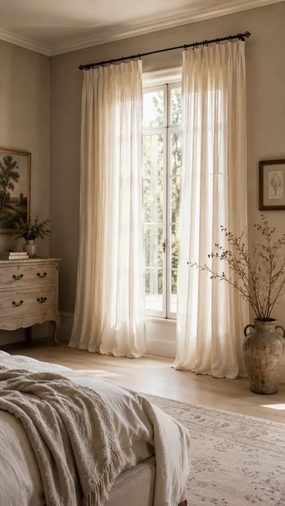 Airy linen curtains in a calm French country master bedroom