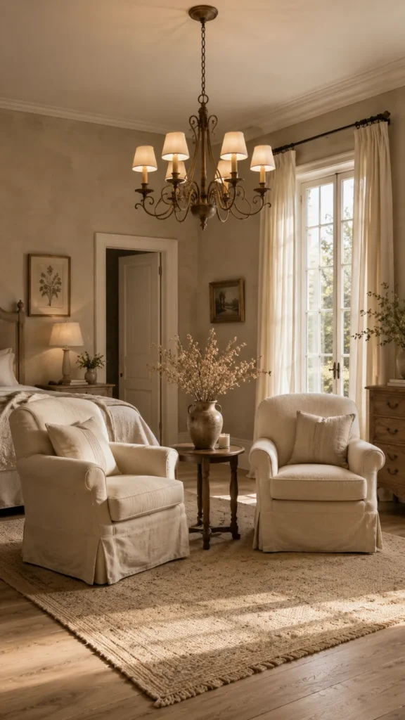 Vintage chandelier over a French country bedroom seating area