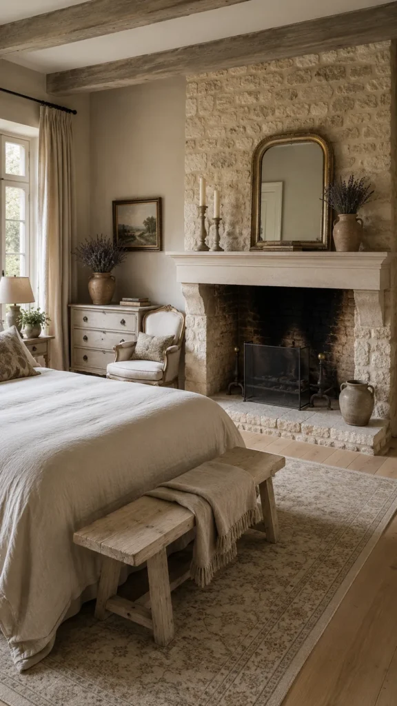 Stone fireplace accent in a French country master bedroom