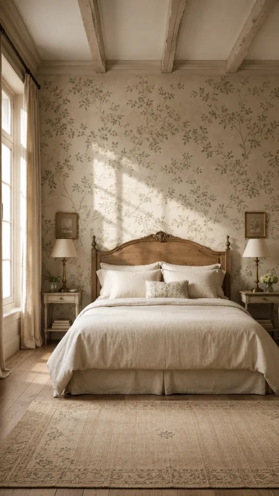 Subtle botanical wallpaper behind a French country bed