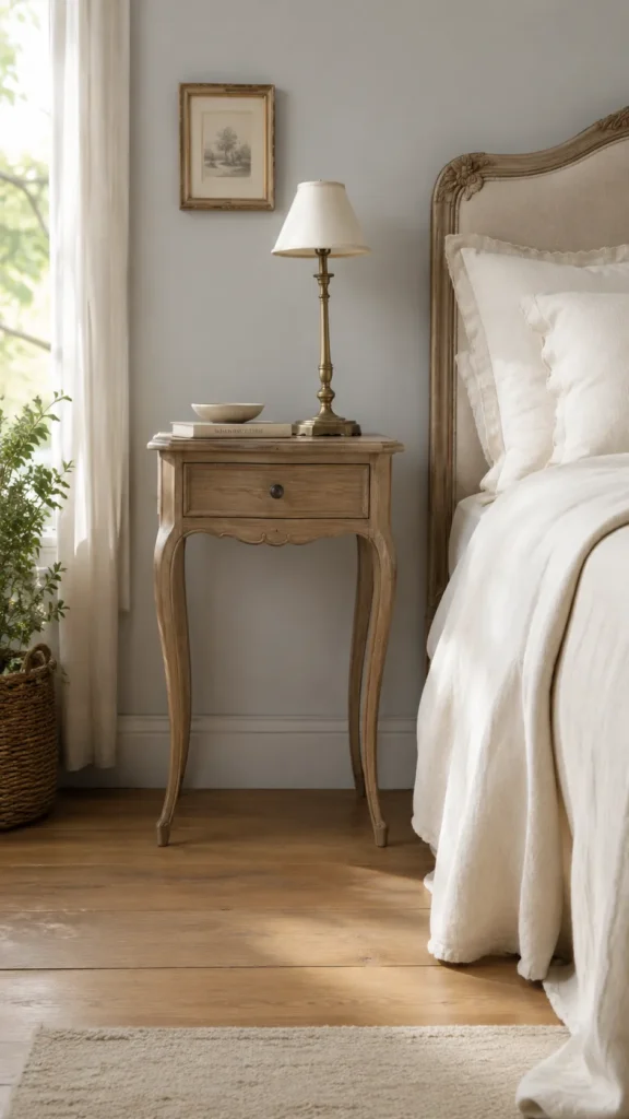 Slim curved nightstand beside a French country bedroom bed