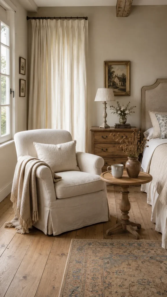 Soft linen seating nook in a cozy French country bedroom
