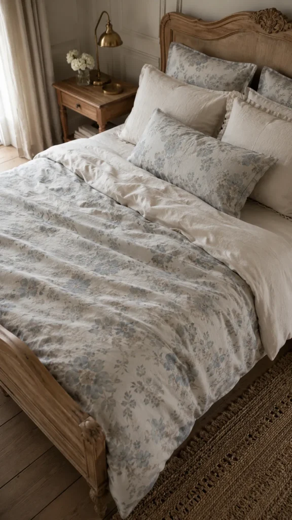 Muted floral bedding on a cozy French country master bed