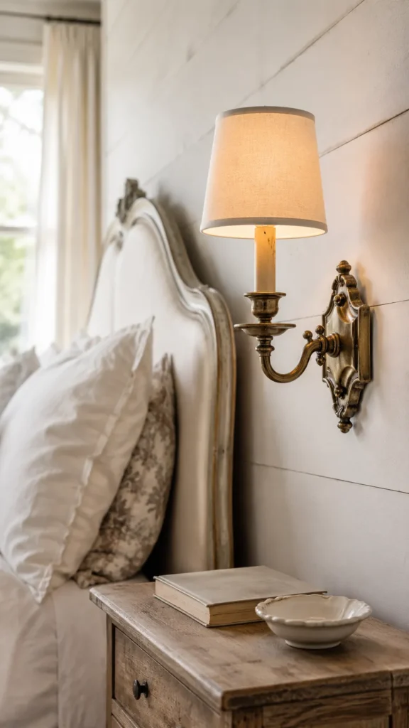 Antique brass lamps on nightstands in a French country bedroom