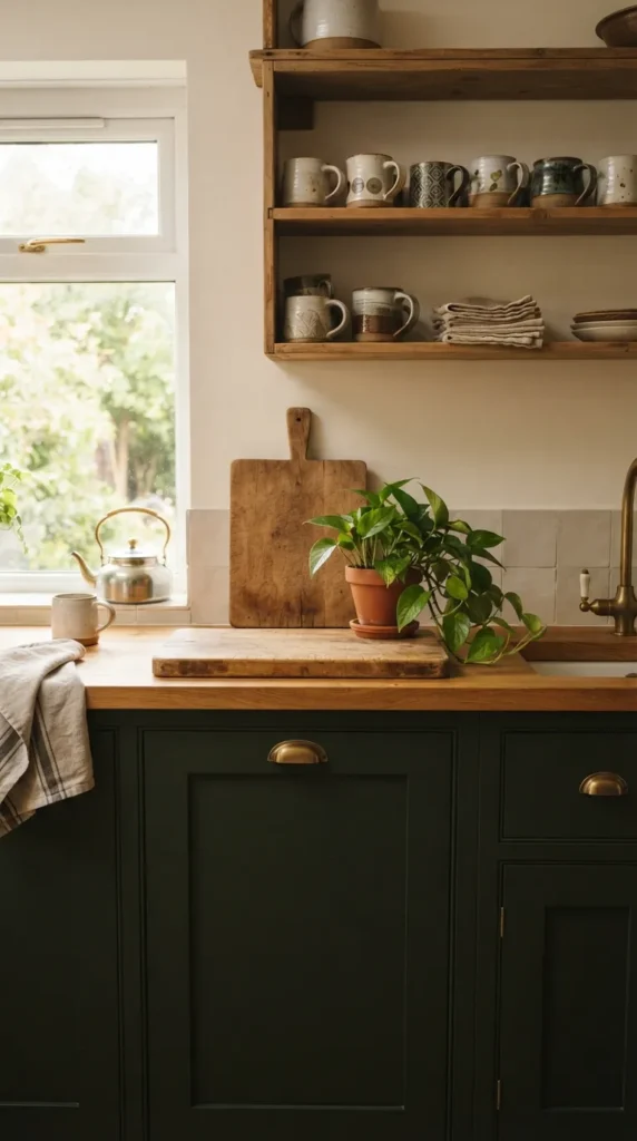 Whimsigoth kitchen with dark cabinetry and brass hardware