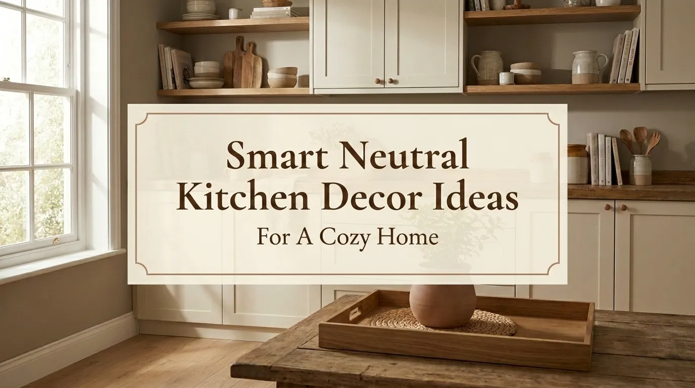 Neutral kitchen decor with cream cabinets, greige walls, wood accents, woven textures, and clay planters in a cozy home kitchen.