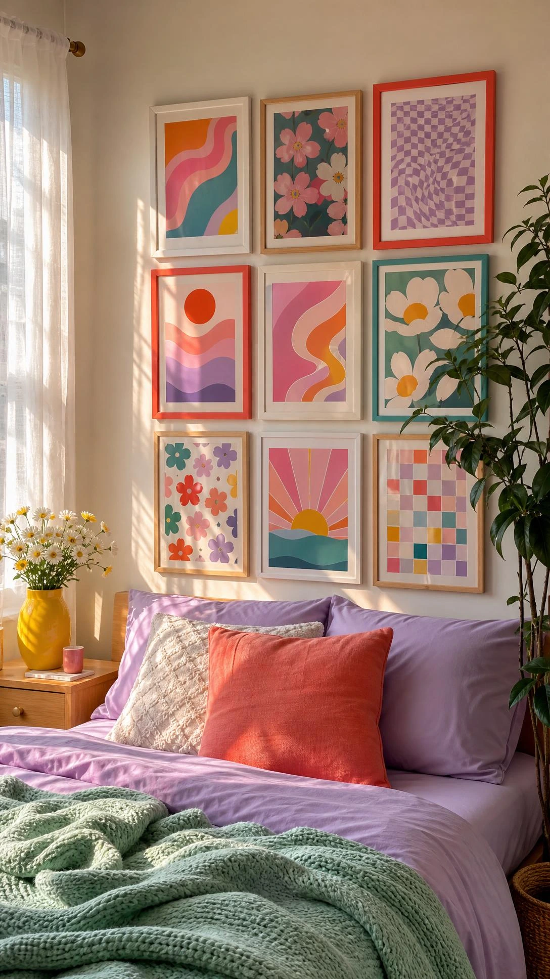 Teen bedroom wall with nine thrifted frames above a bed, a diy room decor for teens idea with colorful abstract posters