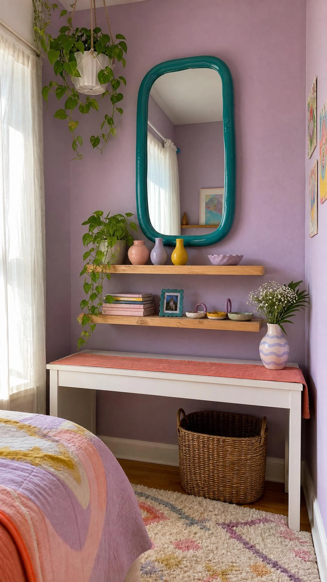 Teen bedroom corner with teal-framed rounded mirror, floating shelves, pastel vases, notebooks, and plant for diy room decor for teens