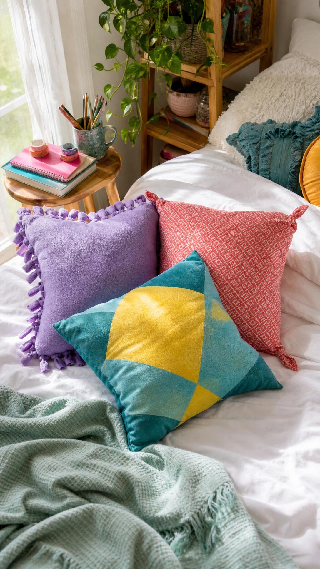 Lavender fleece, coral patterned, and teal no-sew throw pillows on a white duvet for diy room decor for teens