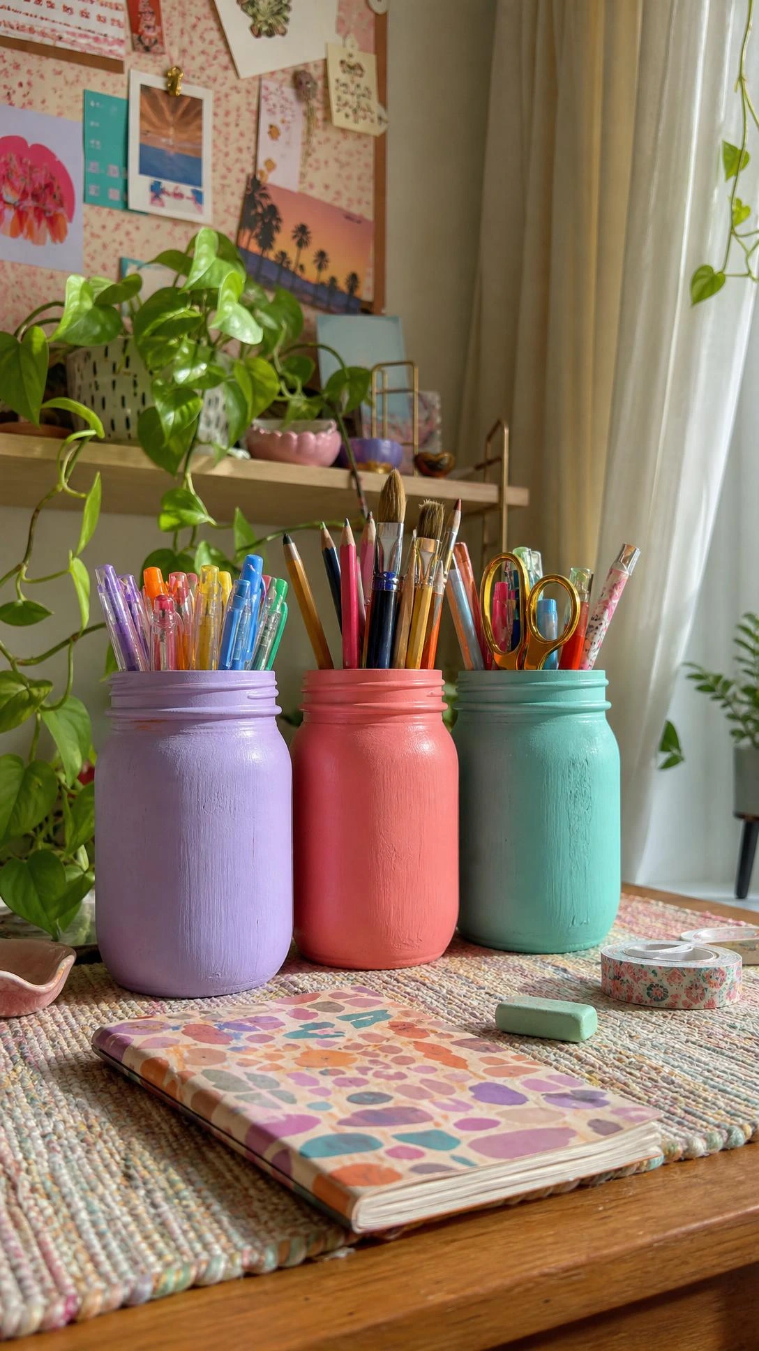 Painted lavender, coral, and mint mason jar desk cups holding supplies, a colorful diy room decor for teens idea.