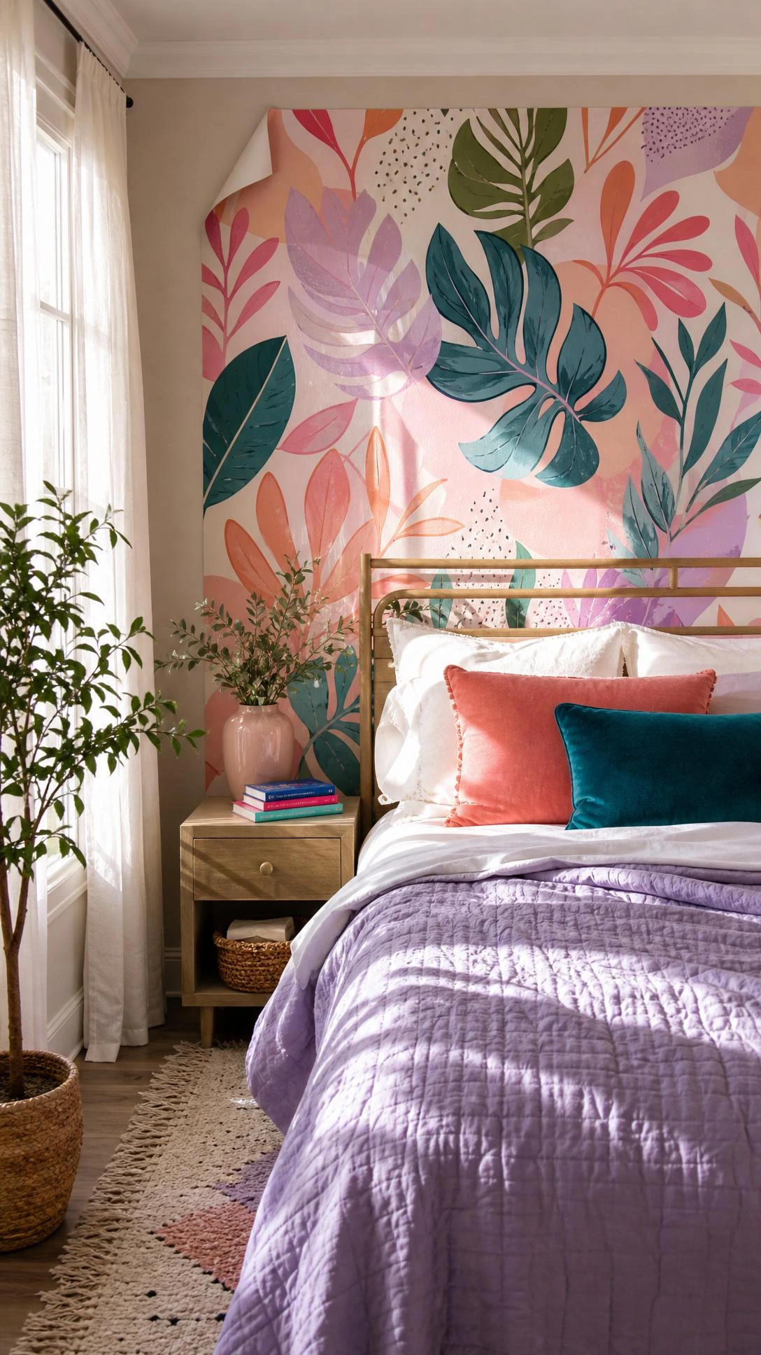 Teen bedroom with colorful peel-and-stick wallpaper, a lifted corner, and twin bed—a diy room decor for teens accent idea