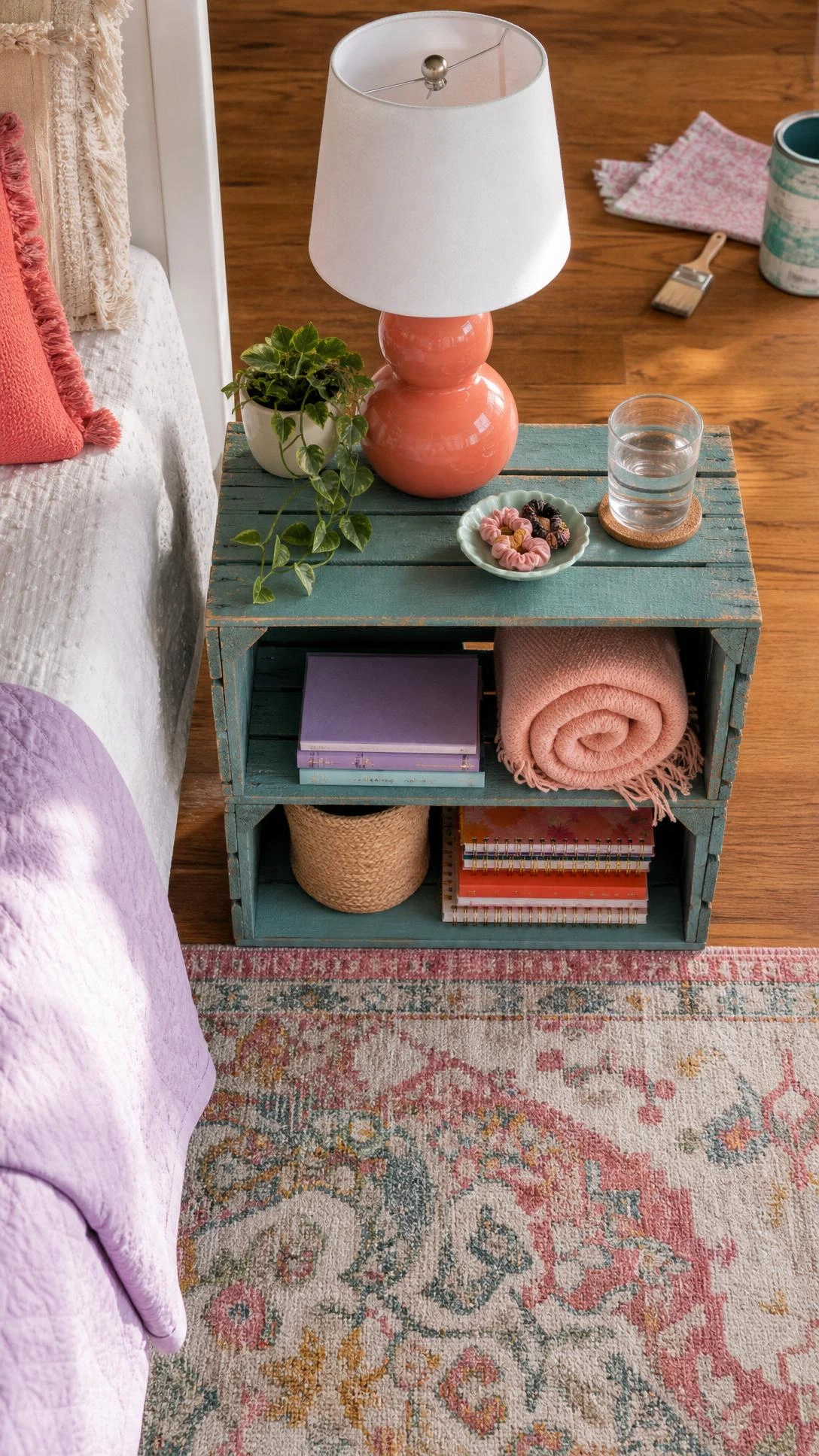 Dusty teal upcycled crate nightstand with open storage in a teen bedroom, a clever diy room decor for teens idea.