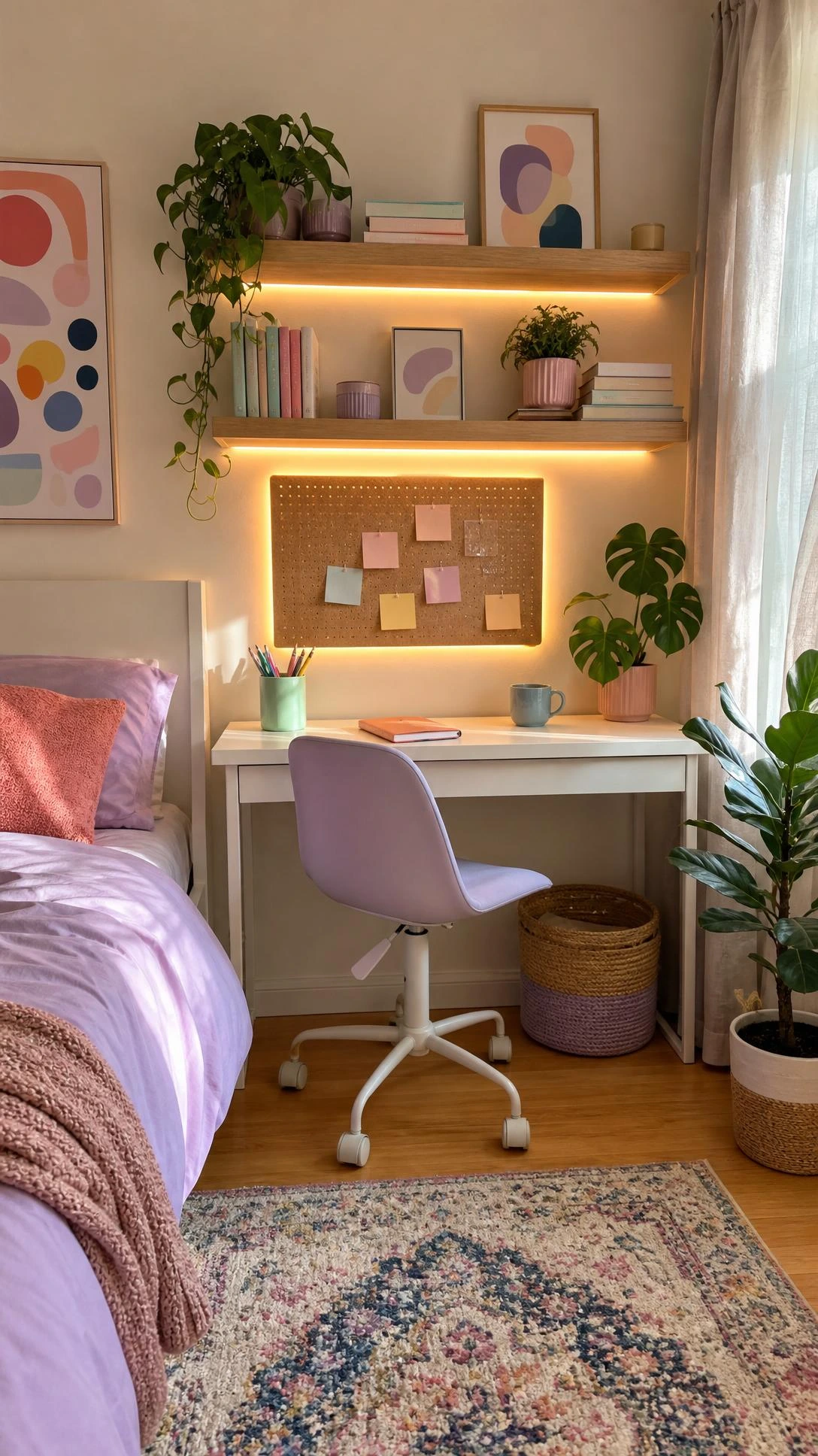 Warm LED study nook with white desk, lavender chair, shelves, curtains, rug, and bed edge for diy room decor for teens.