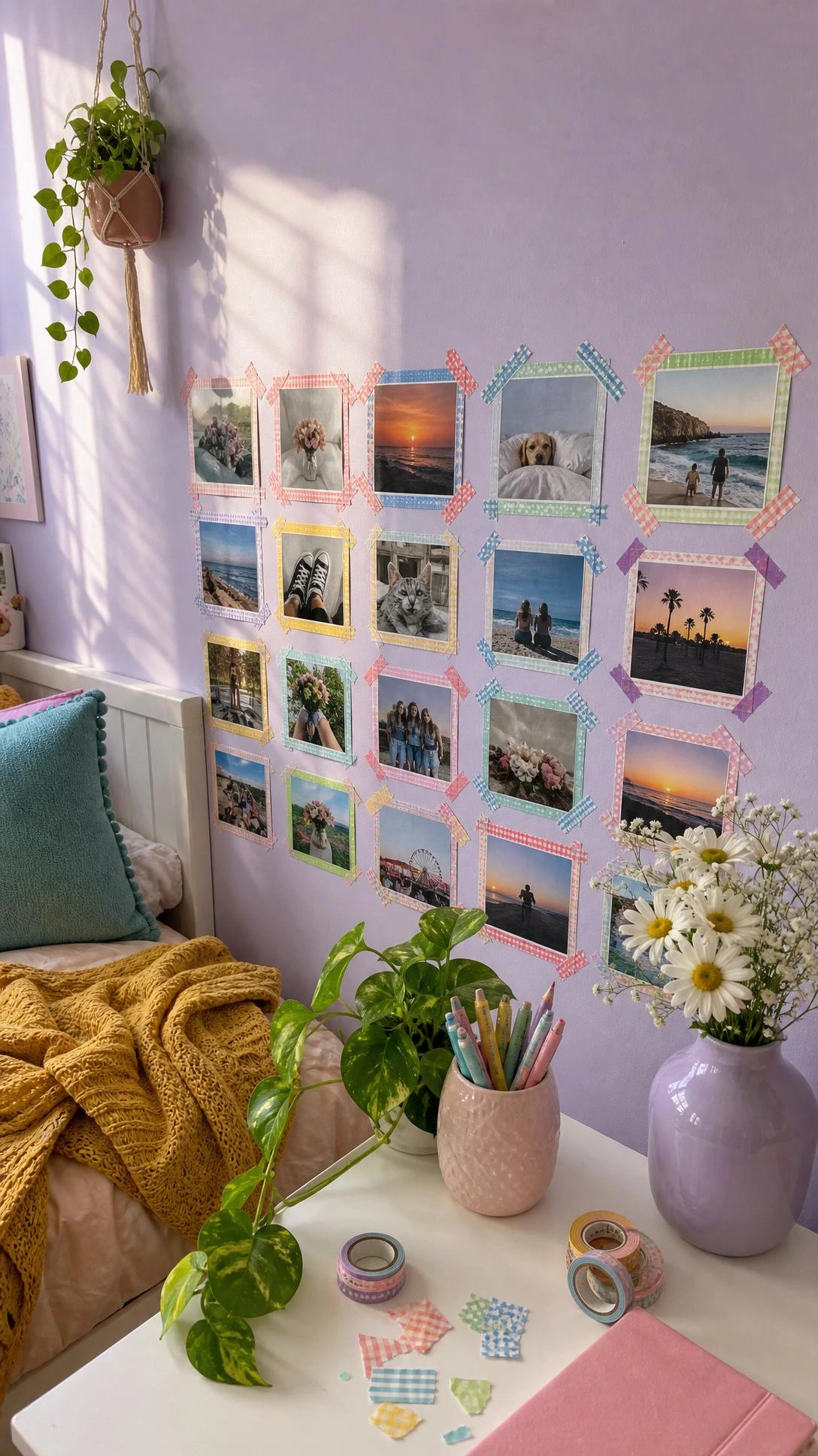 Colorful washi tape frames square photo prints on a lavender teen bedroom wall, a playful diy room decor for teens idea.