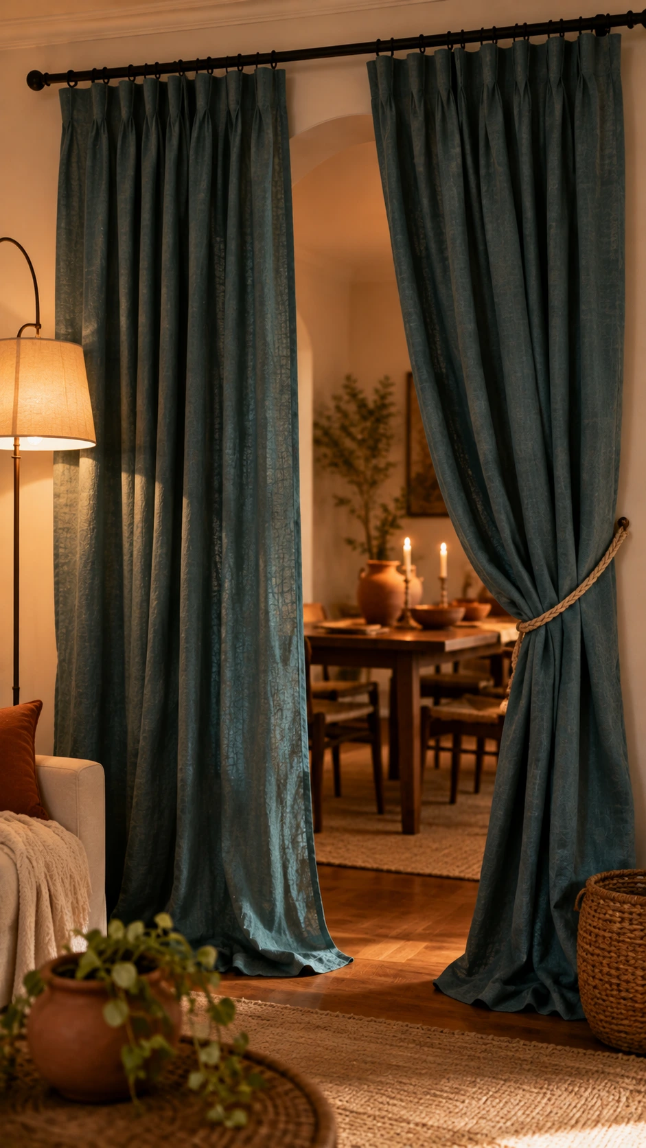 Dusty teal linen curtains hung ceiling-to-floor across an arched doorway, using curtain rods beyond windows to define living and dining spaces