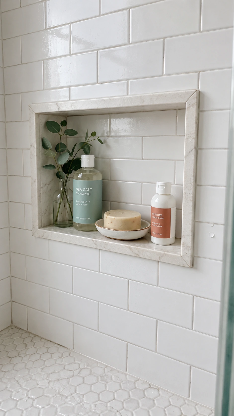 Built-in rectangular shower niche flush with white subway tile, holding shampoo and essentials — a clean, functional bathroom shower storage solution