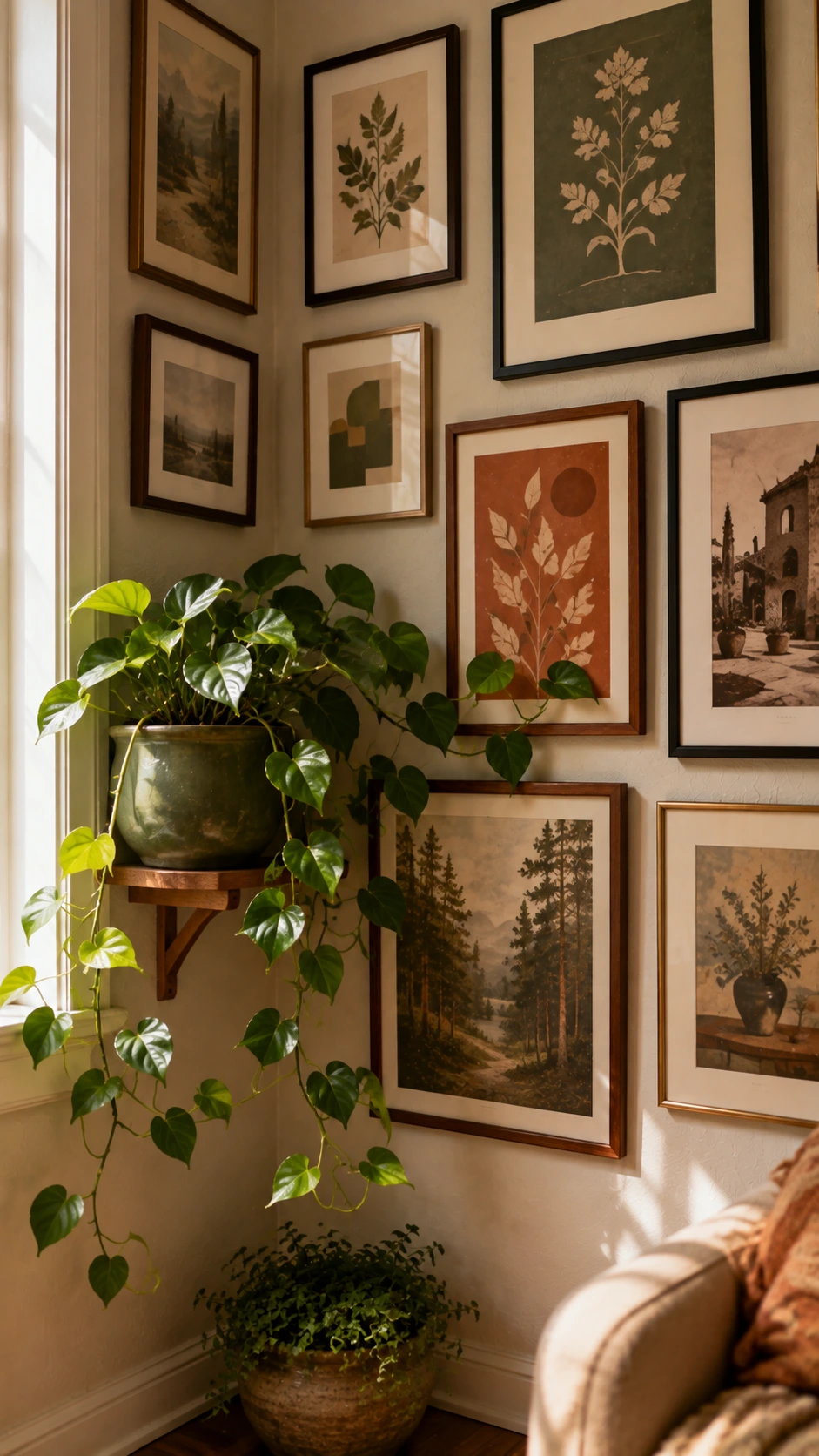 Gallery wall corner with mismatched sage green and terracotta frames, anchored by a small matte olive ceramic pot on a wooden ledge for a lived-in organic touch