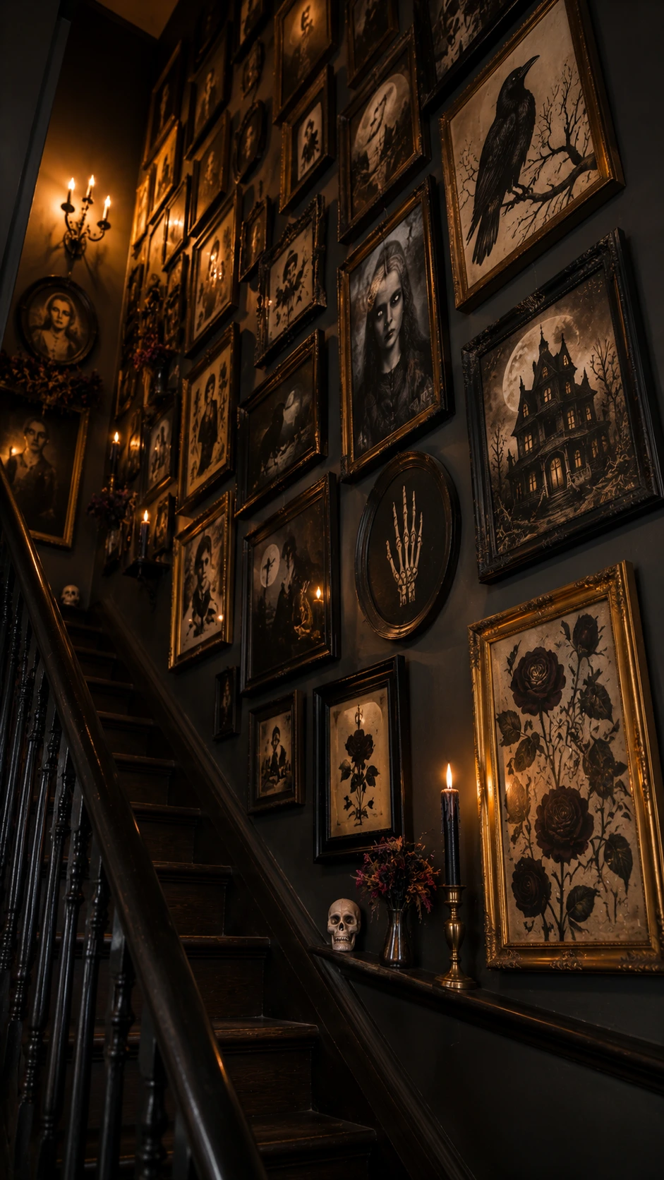 9- Add a Spooky Gallery Wall Along the Staircase Wall - Halloween Staircase Ideas
